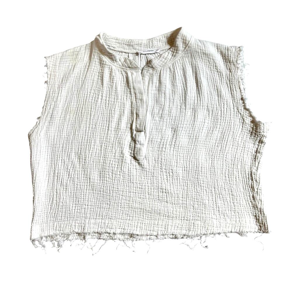 Six/Fifty White Cotton Gauze Cropped Tank Top Distressed Oversized Medium